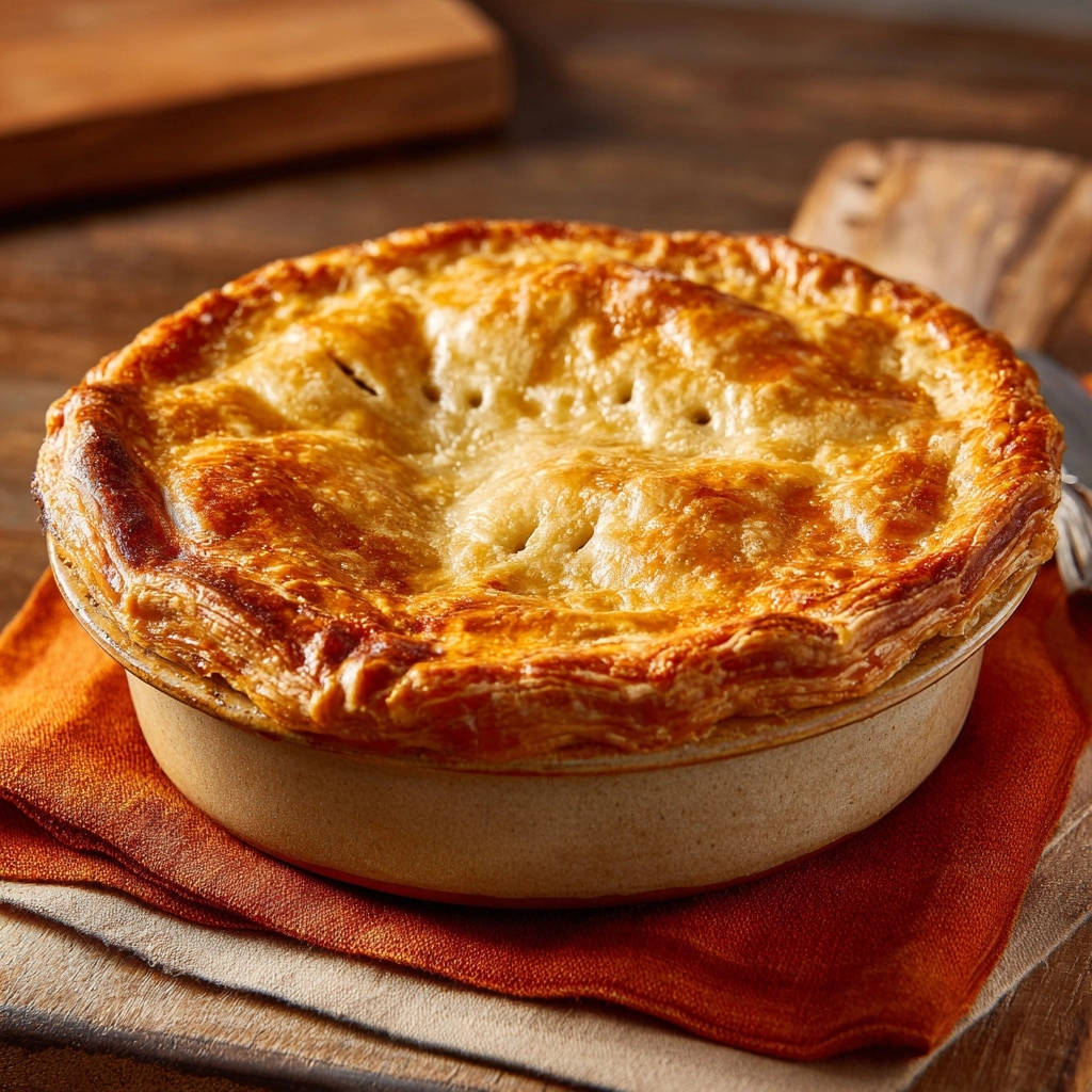 Hearty chicken pot pie with a beautifully golden and flaky baked crust, presented in a rustic ceramic dish.