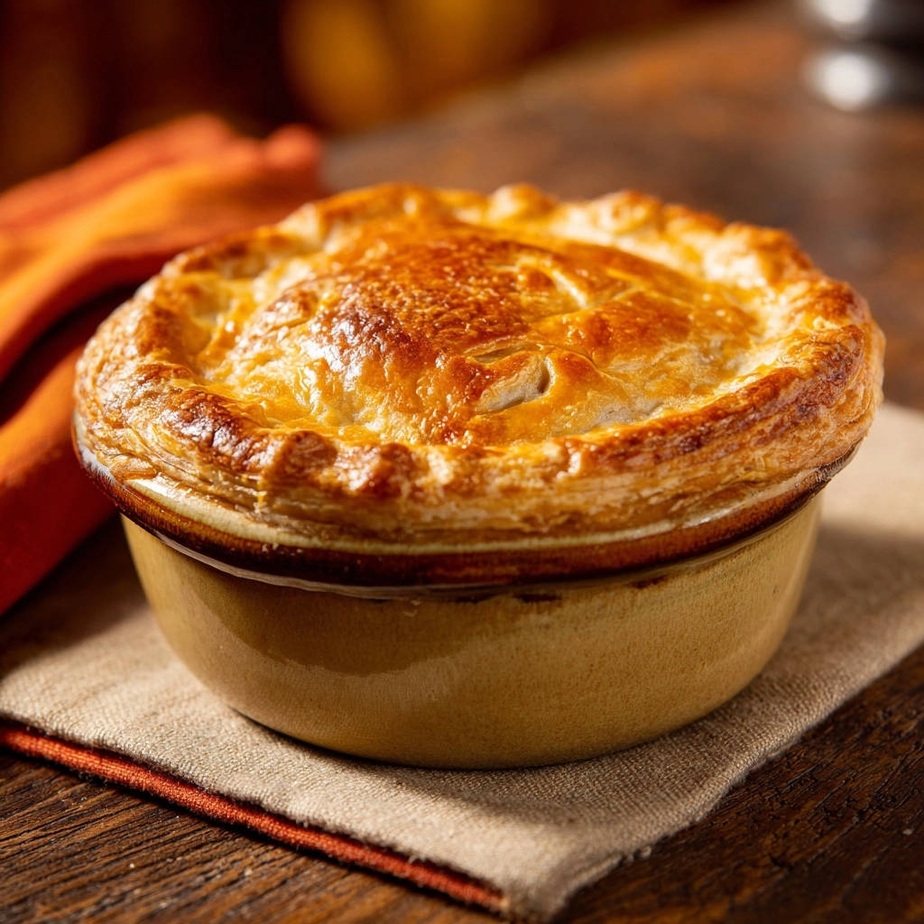 Hearty chicken pot pie with a golden, flaky, freshly baked crust in a stoneware dish.
