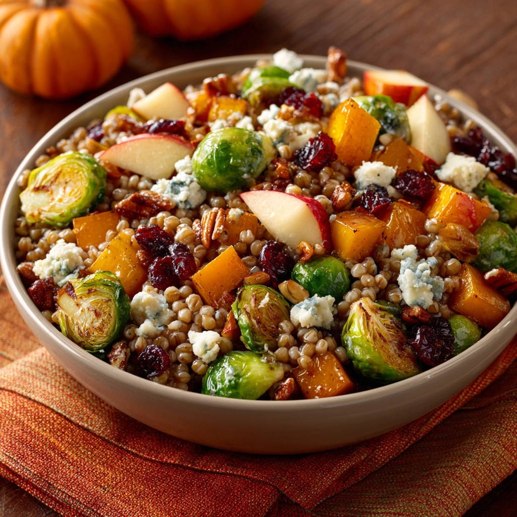 Hearty fall grain bowl with roasted vegetables, apples, cranberries, and blue cheese in a close-up bowl view.