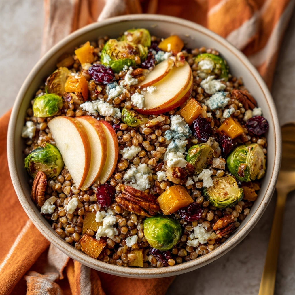 Hearty fall grain bowl with farro, Brussels sprouts, apples, cranberries, pecans, and blue cheese, shown in a close-up overhead view.