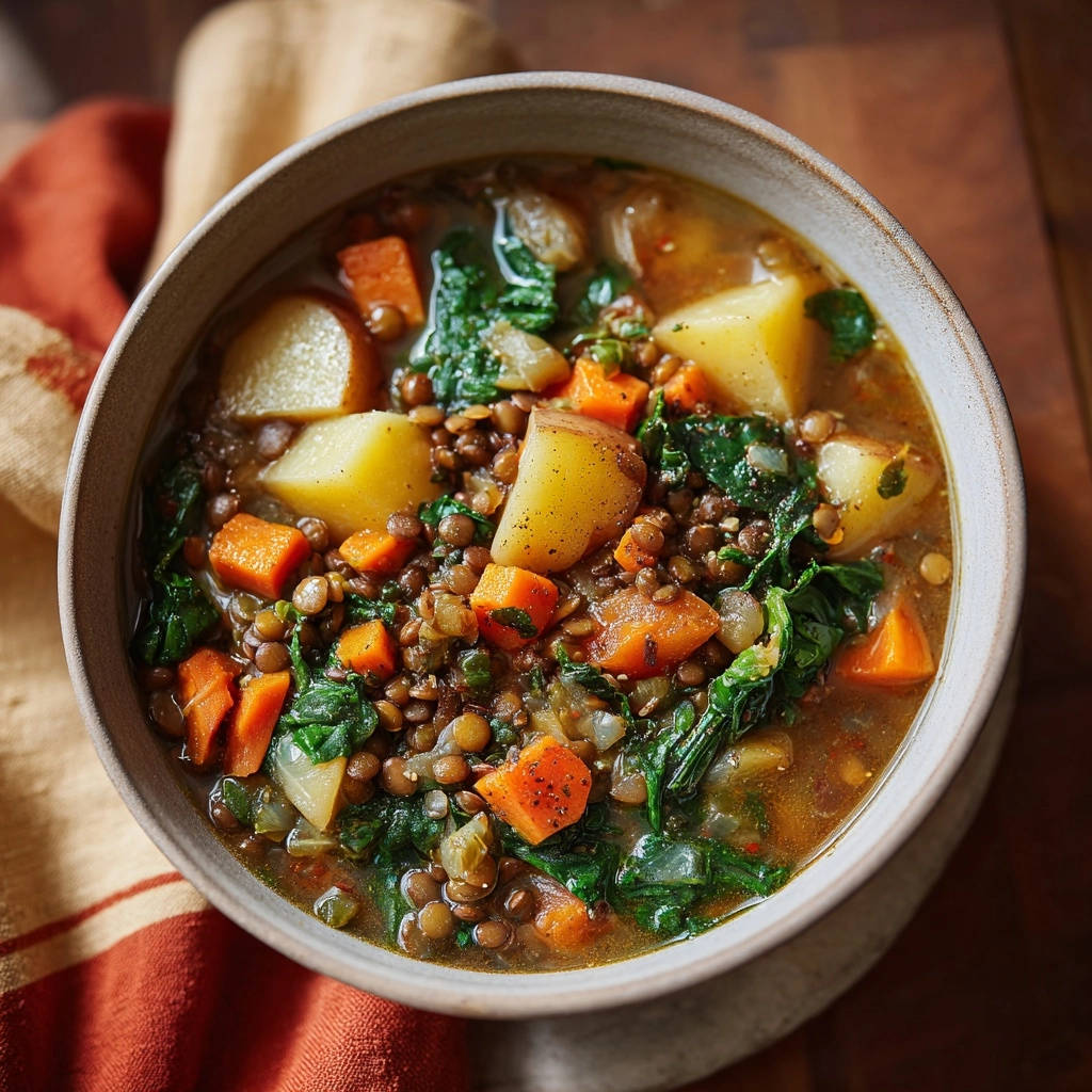 Hearty lentil soup shown in a close-up view of a rustic bowl with visible potatoes, carrots, and greens.