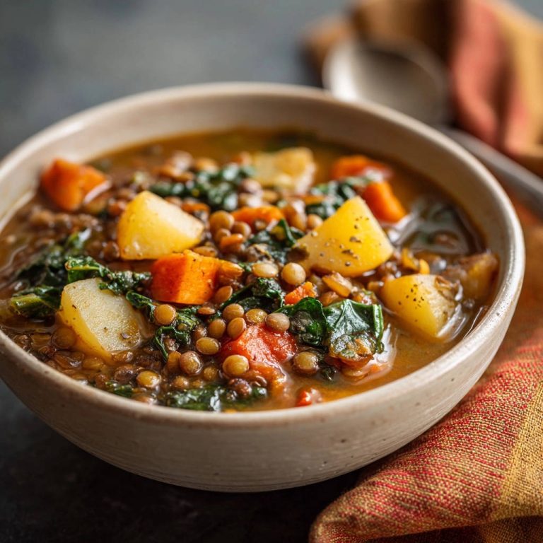 Hearty lentil soup with potatoes and kale served in a rustic bowl, showing a close-up view of the ingredients.