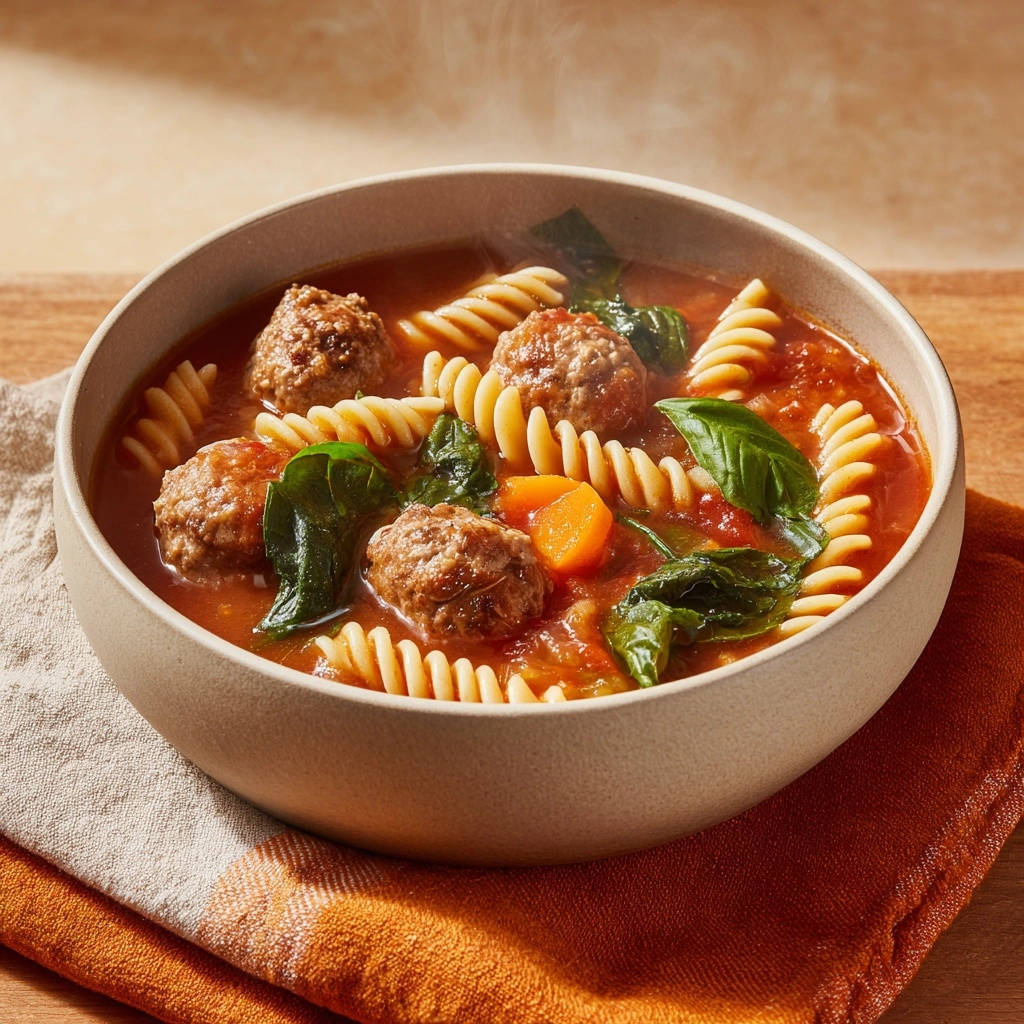 Hearty meatball and pasta soup shown in a close-up view of a steaming bowl with fusilli pasta and fresh spinach.
