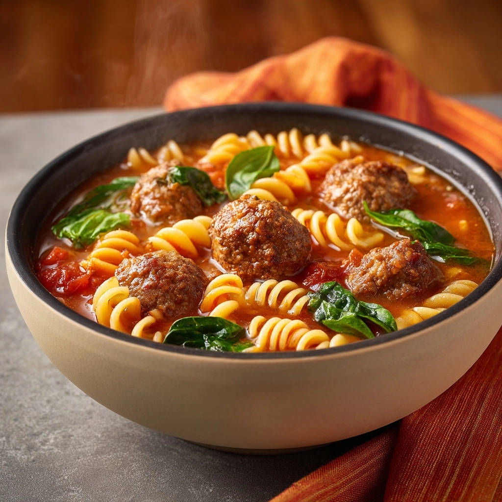 Hearty meatball and pasta soup steaming in a rustic bowl with fusilli and fresh basil.