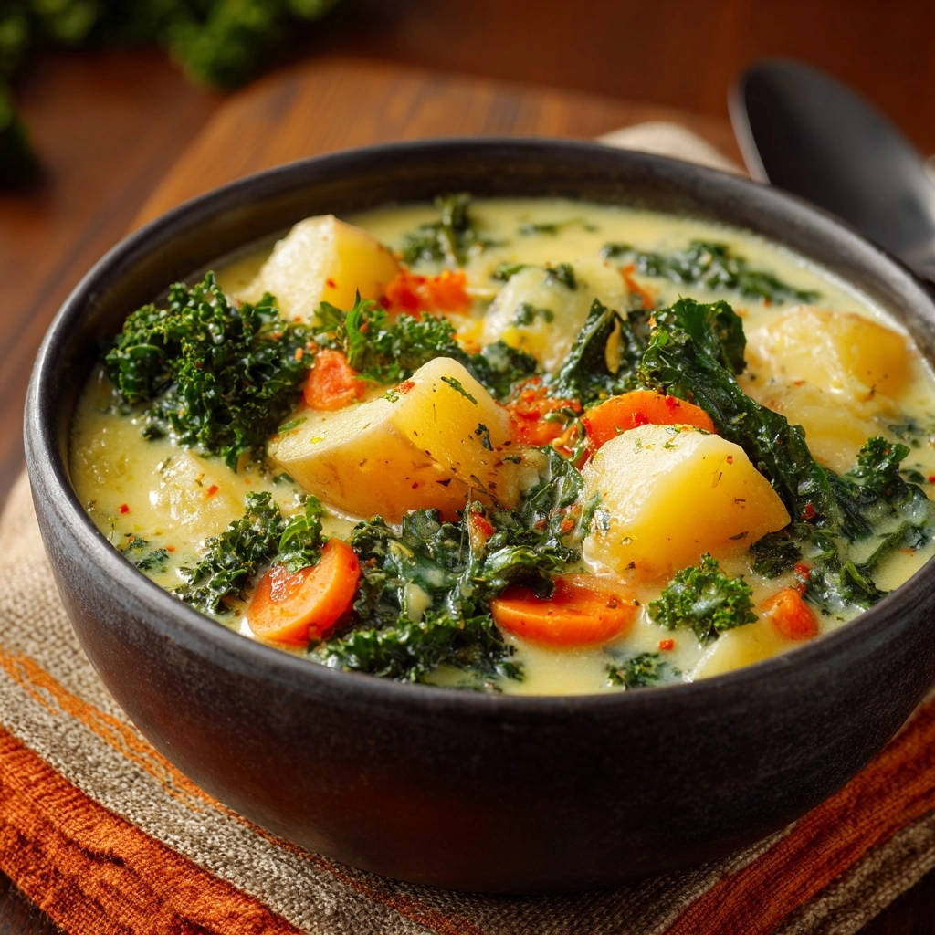 Hearty potato and kale soup shown in a dark bowl with thick, creamy broth and visible chunks of potato and kale.