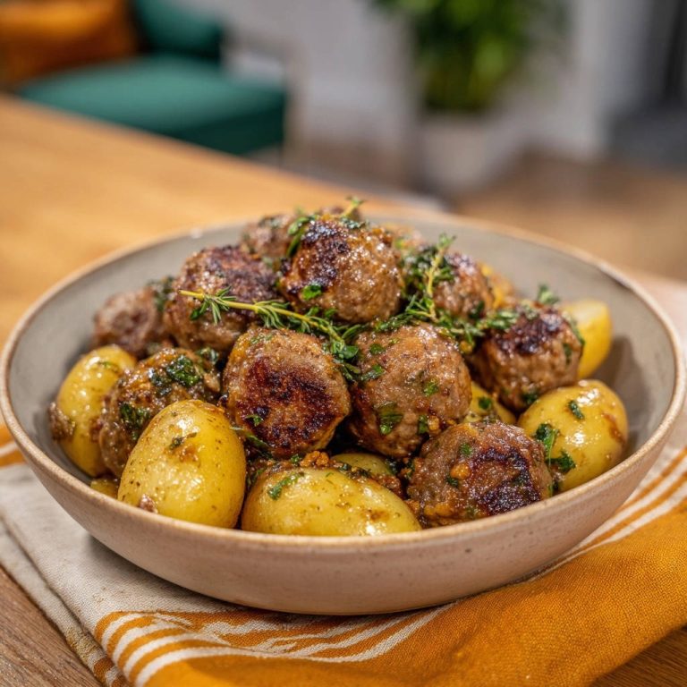 Herbed meatballs and baby potatoes in a bowl, a close-up view showcasing the savory dish with fresh herbs and a glistening sauce.