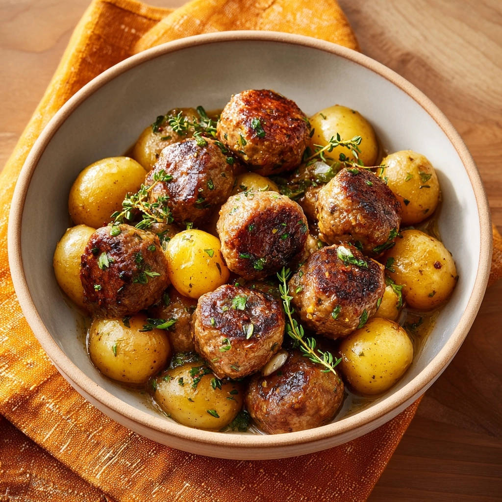 Herbed meatballs and baby potatoes are served in a rustic bowl, seen from an overhead perspective.