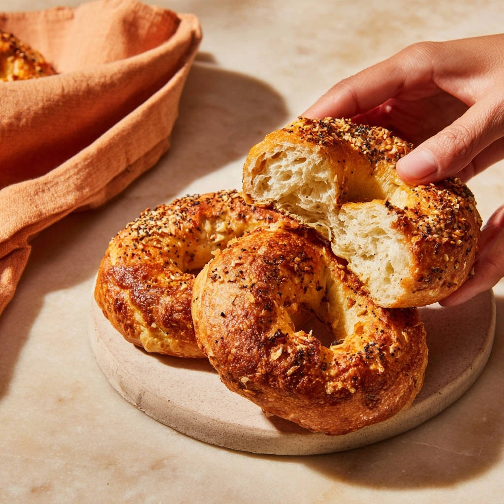 Homemade everything bagels, with one bagel broken open to show its chewy interior texture.