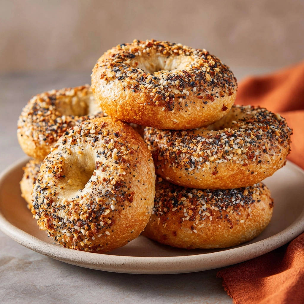 Homemade everything bagels, New York style, stacked on a plate and topped with a generous seasoning blend.