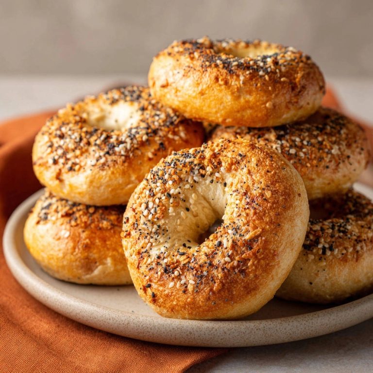 Homemade everything bagels, New York style, stacked invitingly on a textured plate with an orange napkin.