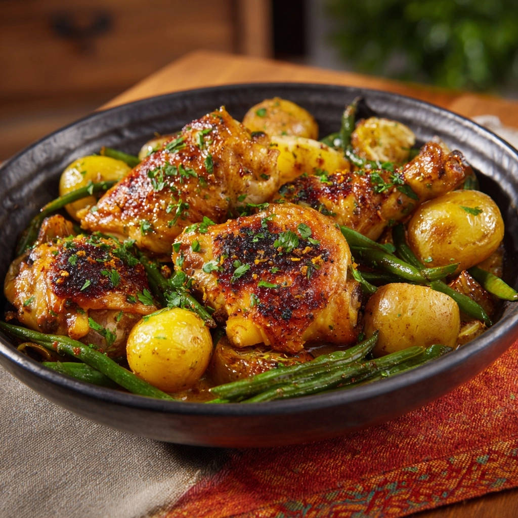 One-pan honey garlic chicken and veggies served in a rustic bowl with roasted potatoes and green beans.
