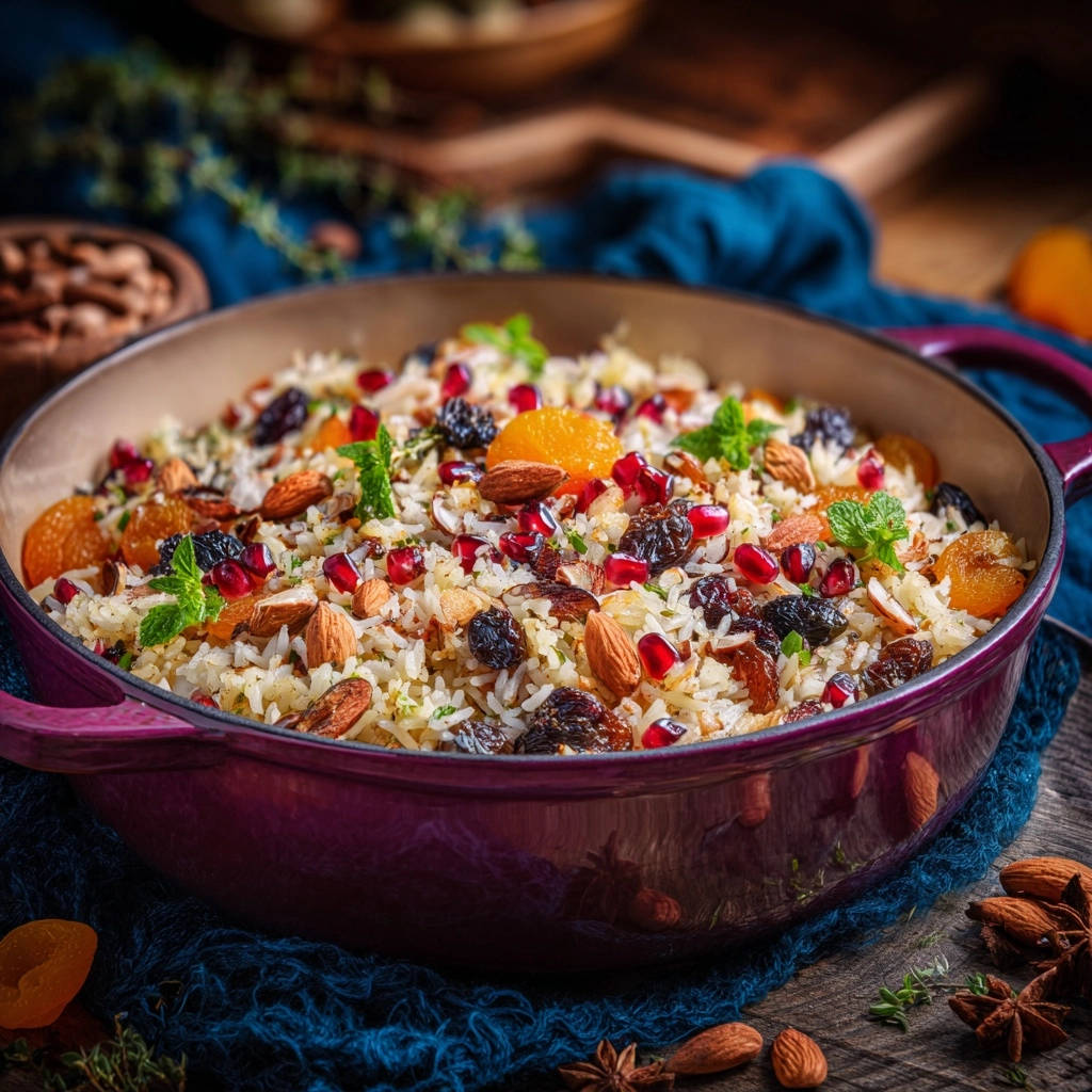 Aromatic Jeweled Rice with almonds, pomegranate seeds, and mint garnish in a purple pot.