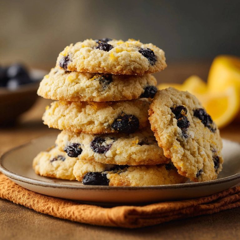 Lemony blueberry dream cookies stacked in a pile on a plate, showcasing their pillowy texture and blueberry inclusions.