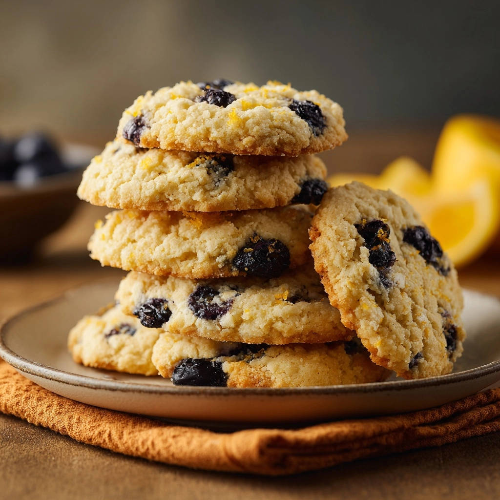 Lemony blueberry dream cookies stacked in a pile on a plate, showcasing their pillowy texture and blueberry inclusions.