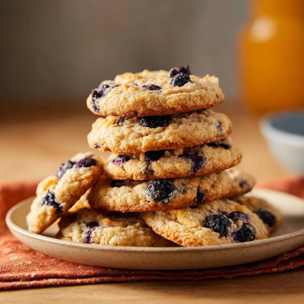 Lemony blueberry dream cookies stacked on a plate, showcasing their soft texture and bursting blueberries.