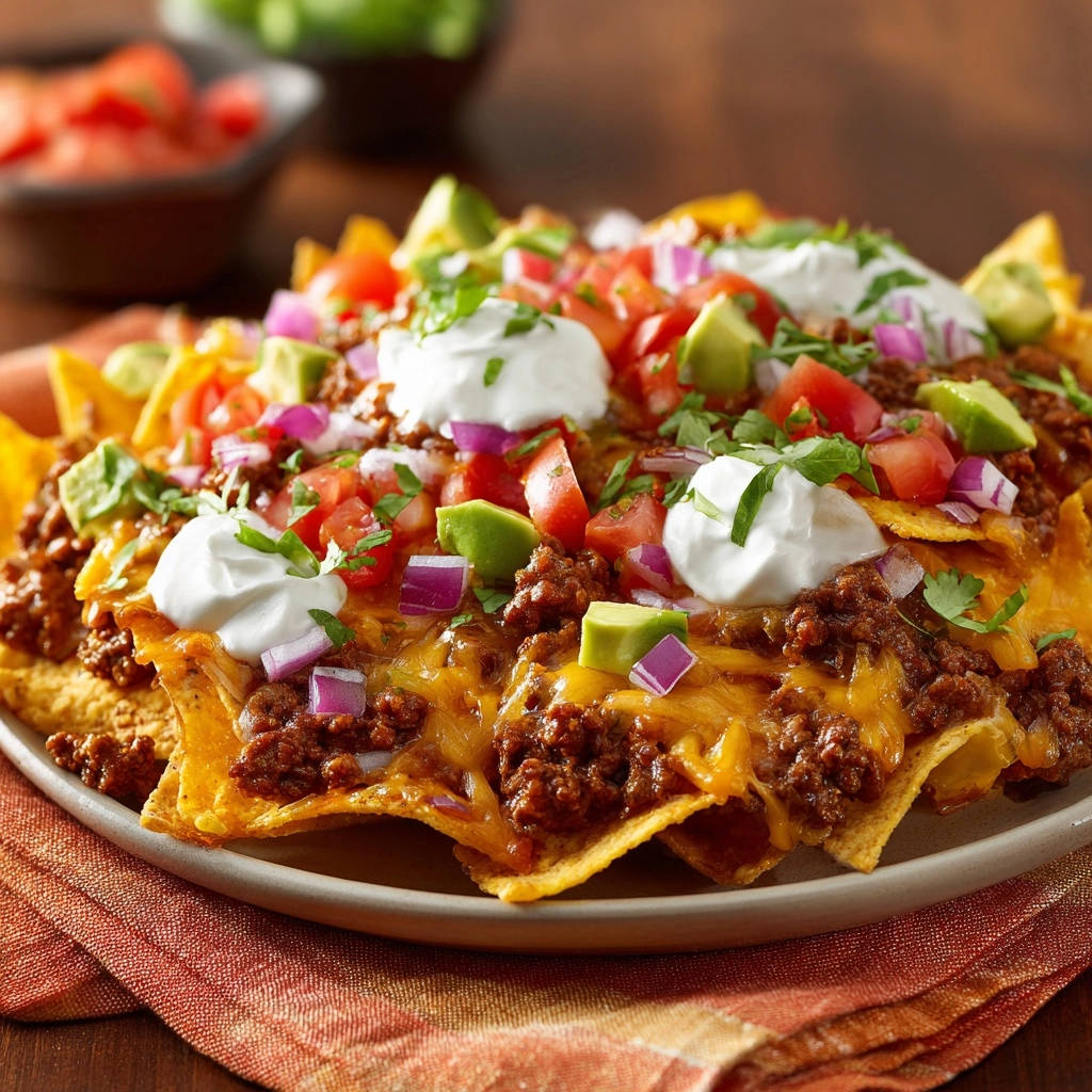 Loaded beef nachos with sour cream, avocado, and red onion toppings, captured in a close-up view.