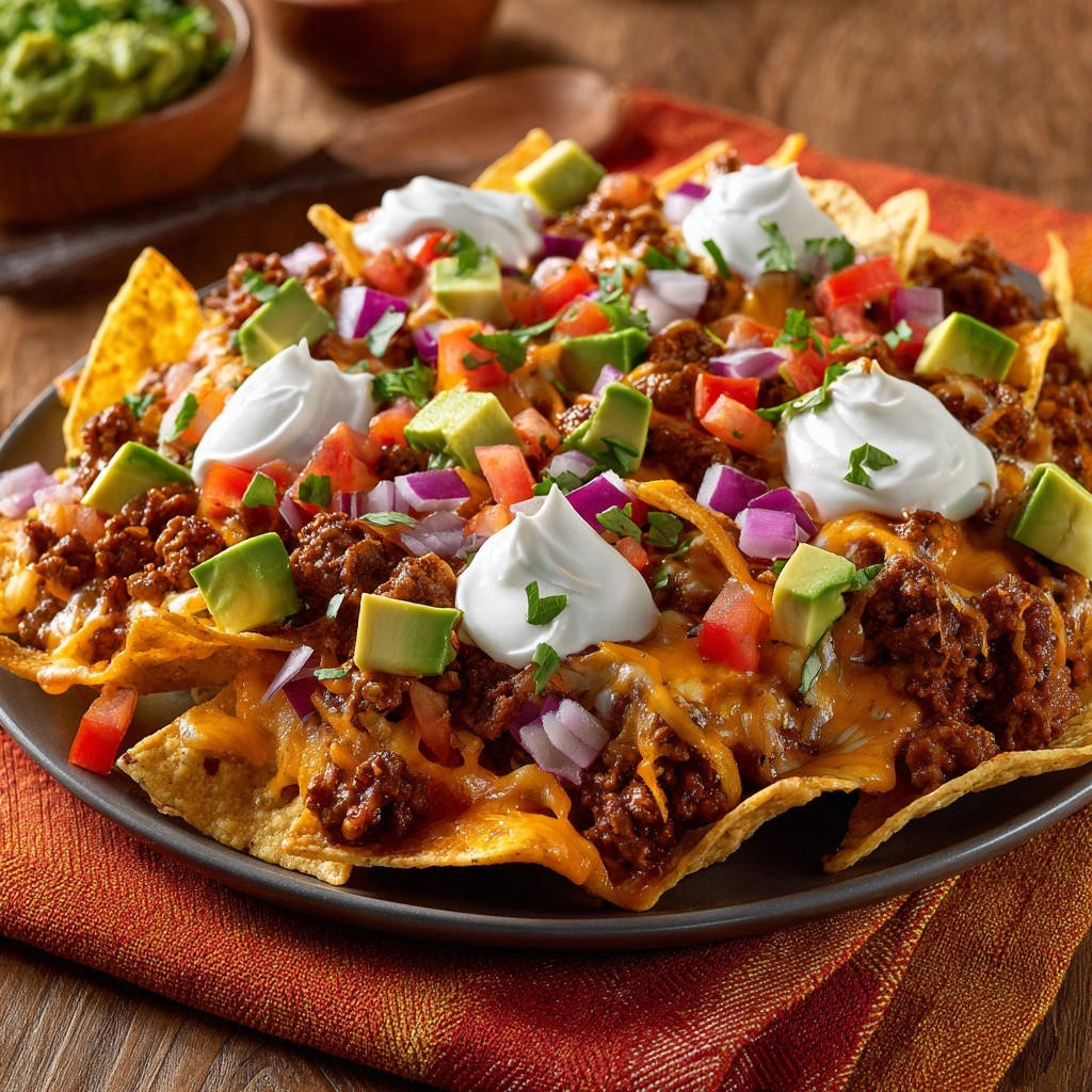 Loaded beef nachos with sour cream dollops, diced tomatoes, avocado, and red onion, presented in a close-up view.