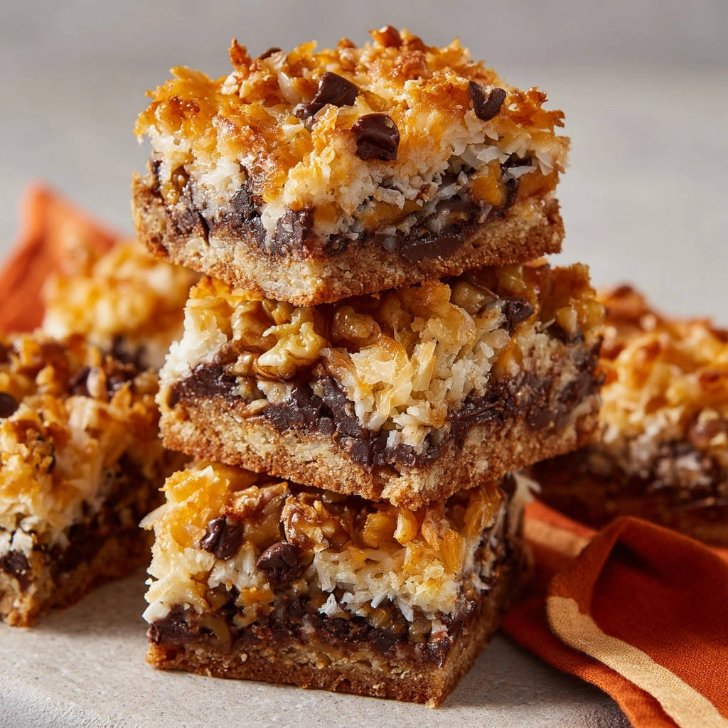 Classic Magic Bars stacked to show a detailed cross-section of the rich chocolate, coconut, and nut layers.