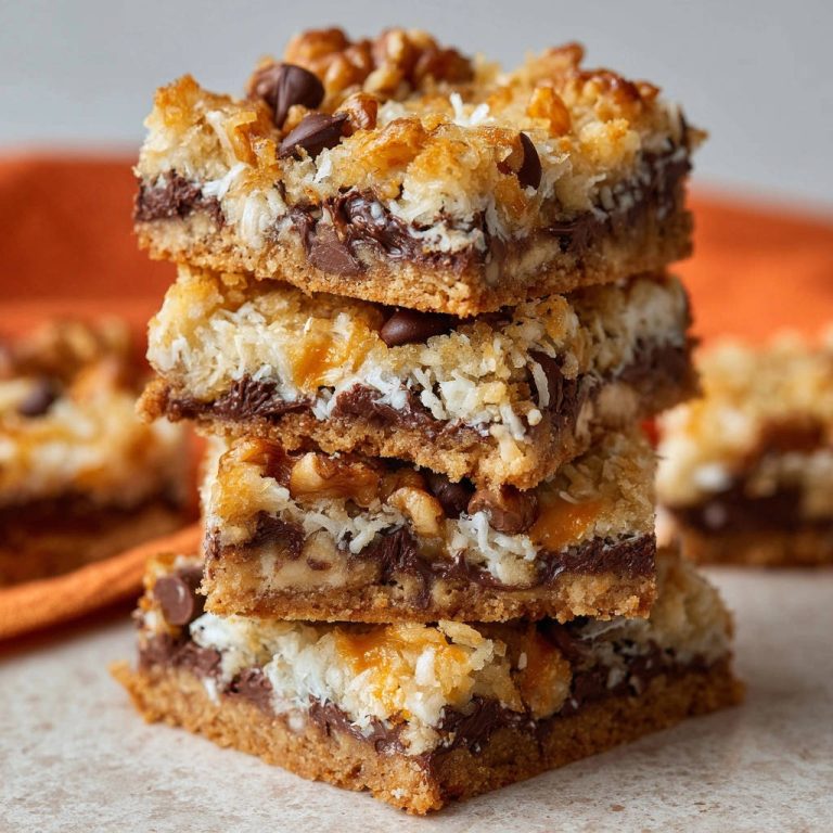 Classic Magic Bars stacked in a cross-section view, showcasing layered chocolate, coconut, and nuts.