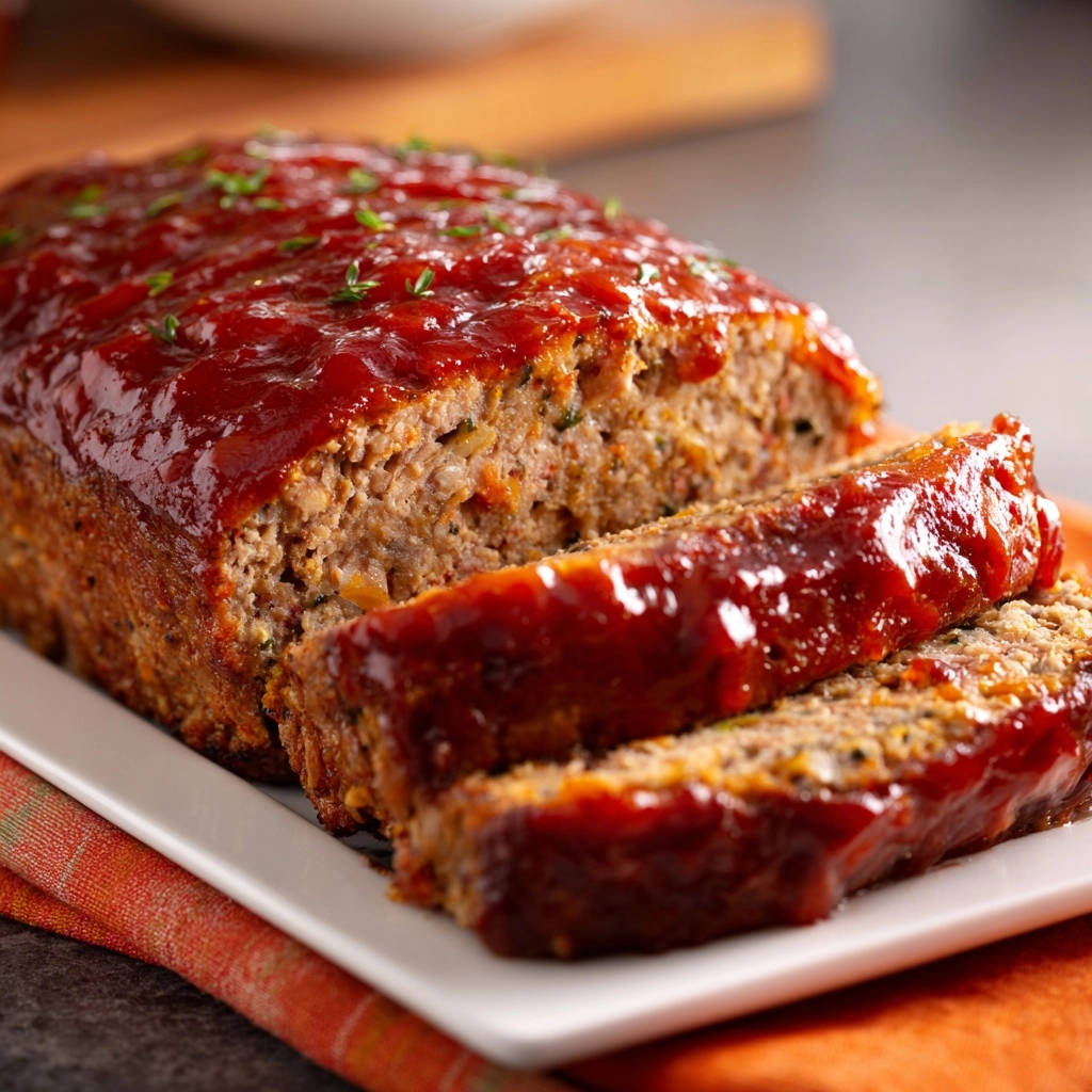 Perfectly moist meatloaf glazed with a rich sauce and sliced to reveal its tender interior texture.