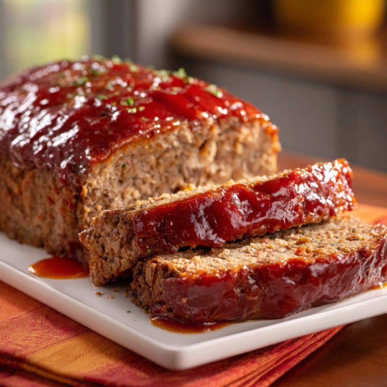 Perfectly moist meatloaf sliced and topped with a glistening glaze, showcasing its tender texture.