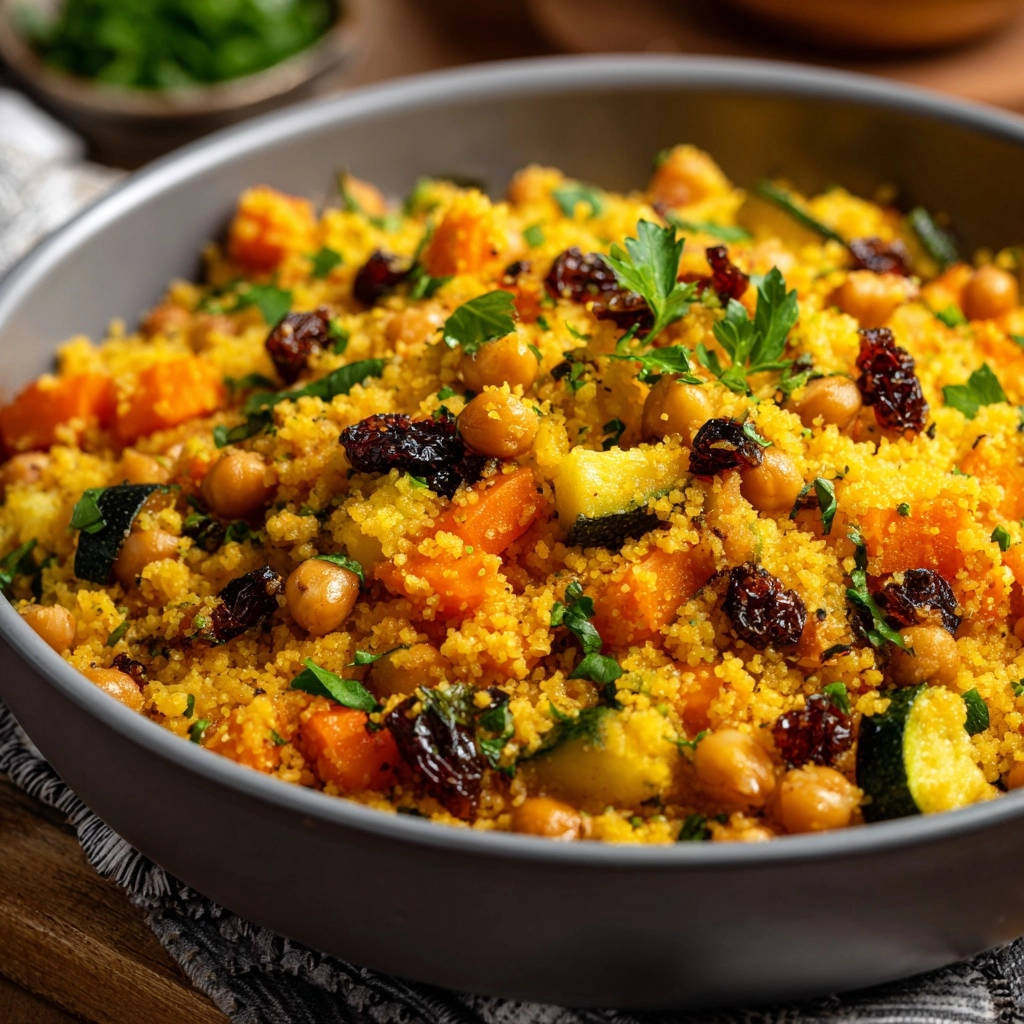 Golden Moroccan-inspired couscous served in a detailed bowl, showcasing vegetables, chickpeas, and raisins.