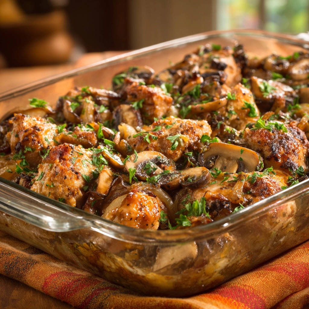 One-pan golden chicken and mushrooms shown close-up in a clear baking dish, garnished with parsley.