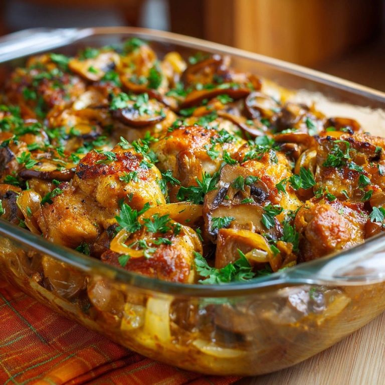 One-pan golden chicken and mushrooms shown in a close-up view within a glass baking dish.