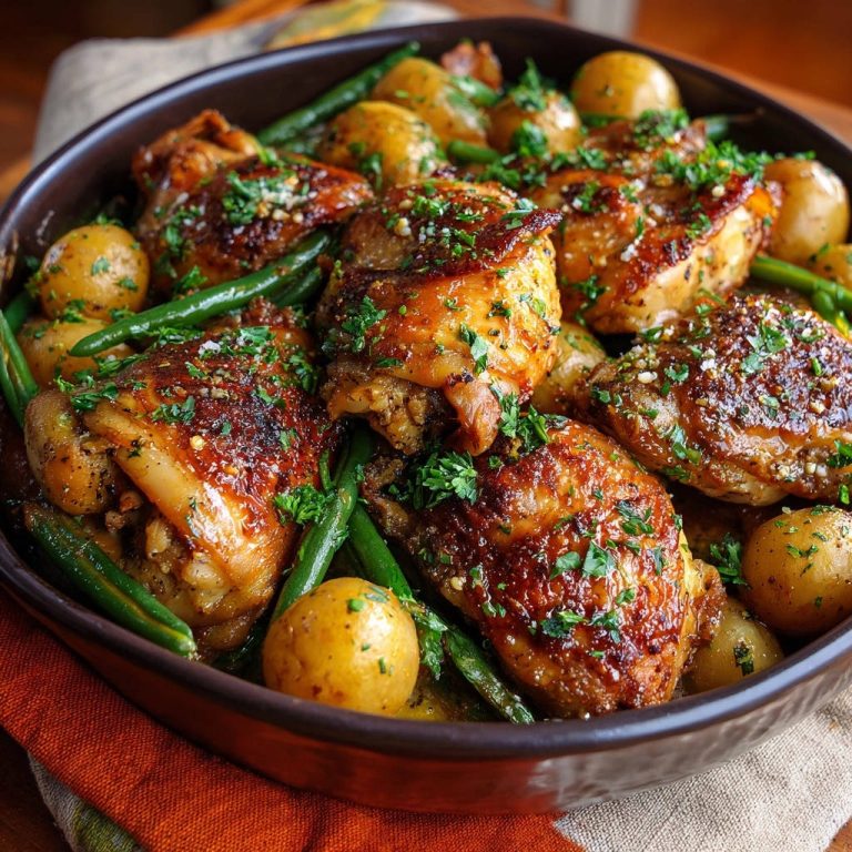One-pan honey garlic chicken and veggies shown in a close-up overhead view, garnished with fresh parsley.