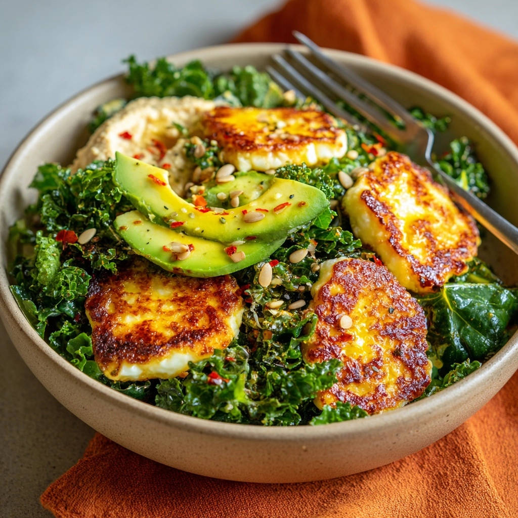 Pan-seared halloumi kale bowl featuring a close-up view of golden-fried halloumi cheese slices and fresh avocado.