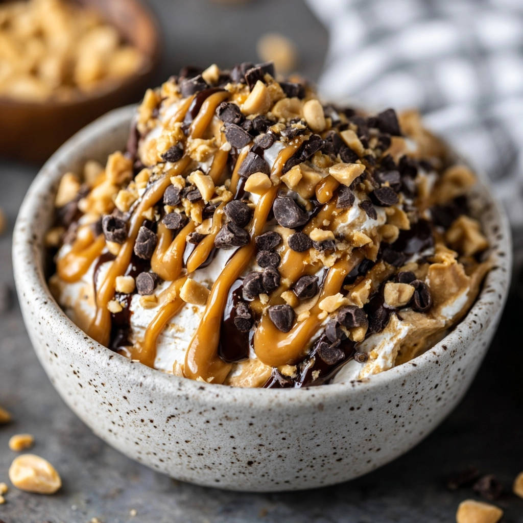 Heavenly peanut butter chocolate dip generously topped with chocolate chips and chopped peanuts.