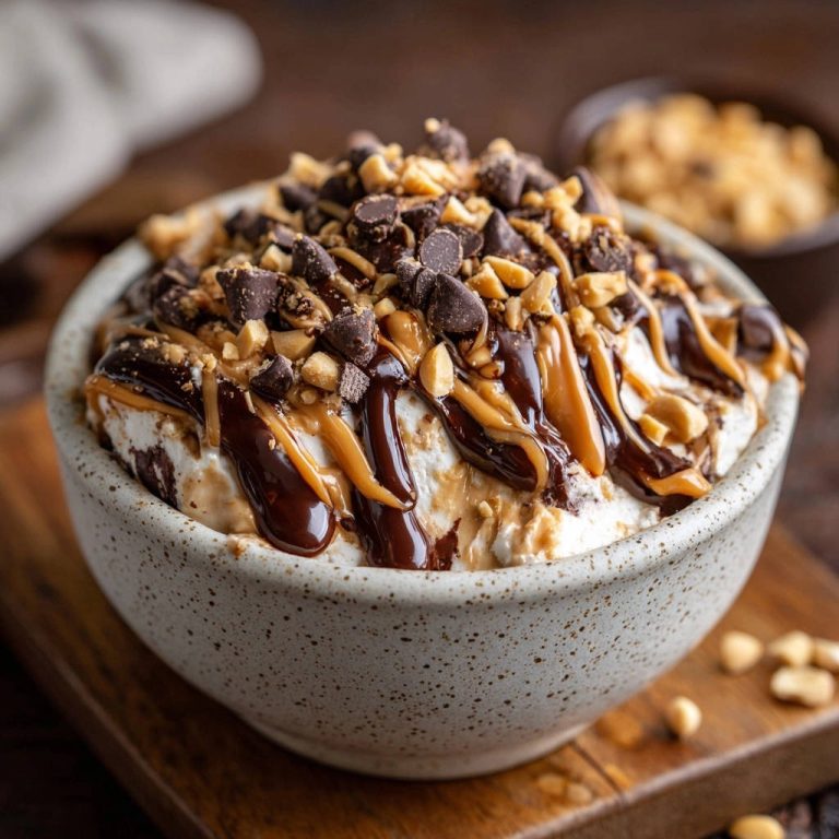 Heavenly peanut butter chocolate dip topped with chocolate chips and chopped peanuts in a bowl.