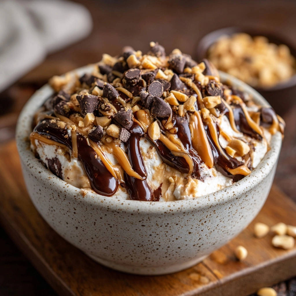 Heavenly peanut butter chocolate dip topped with chocolate chips and chopped peanuts in a bowl.