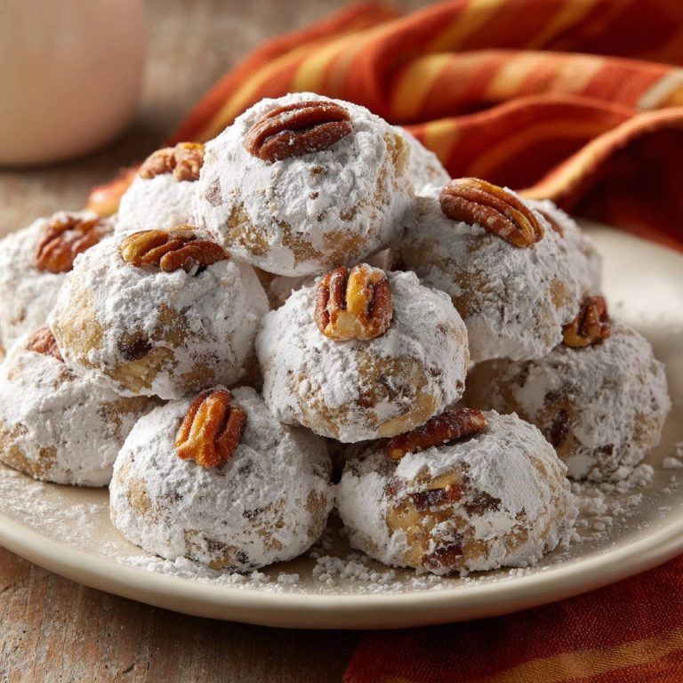 Classic pecan snowball cookies are piled high on a plate, dusted with powdered sugar and topped with pecans.