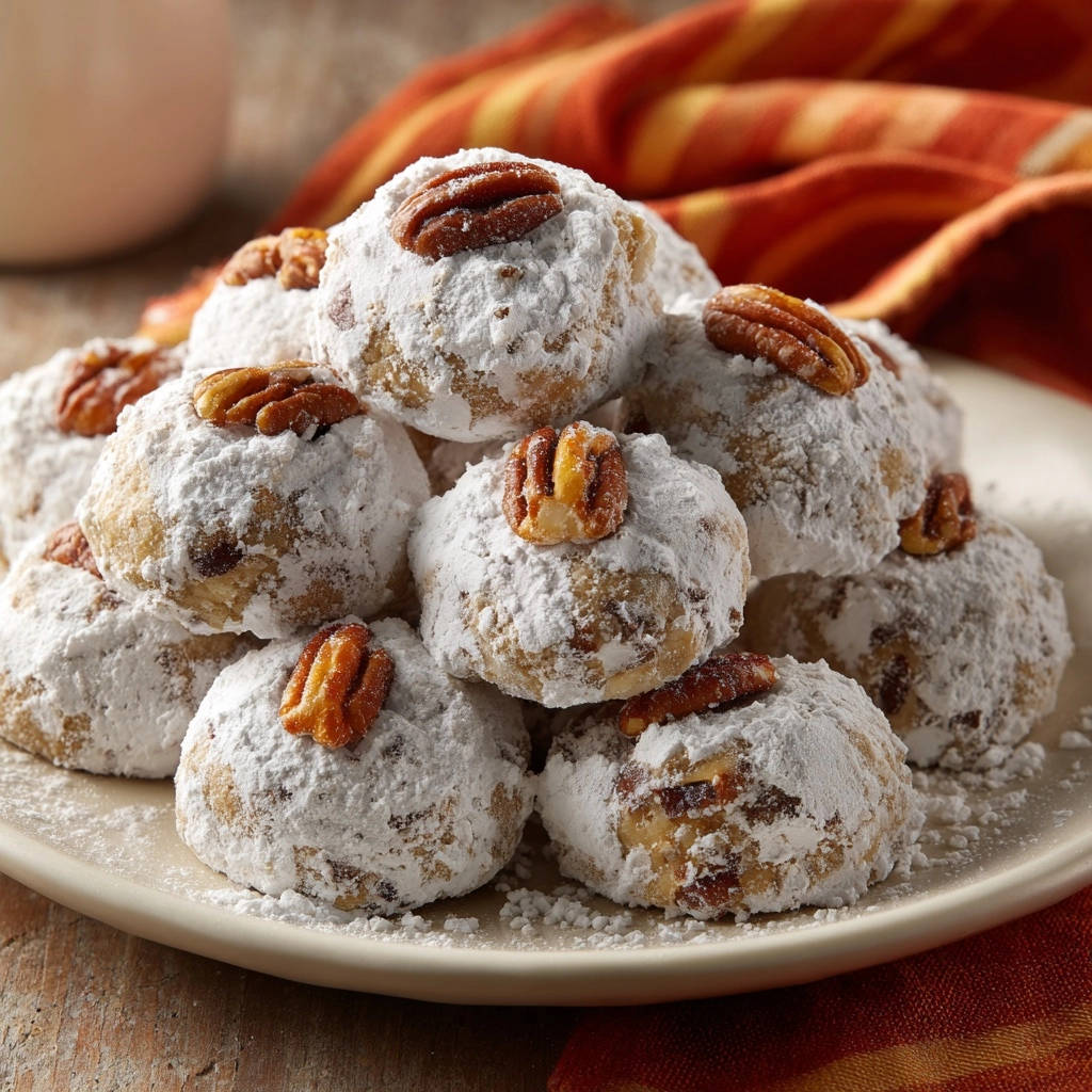 Classic pecan snowball cookies are piled high on a plate, dusted with powdered sugar and topped with pecans.