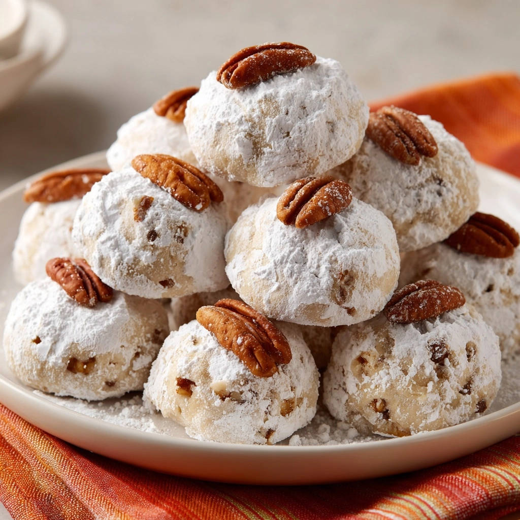 Classic pecan snowball cookies dusted with powdered sugar and topped with pecans, stacked on a white plate.