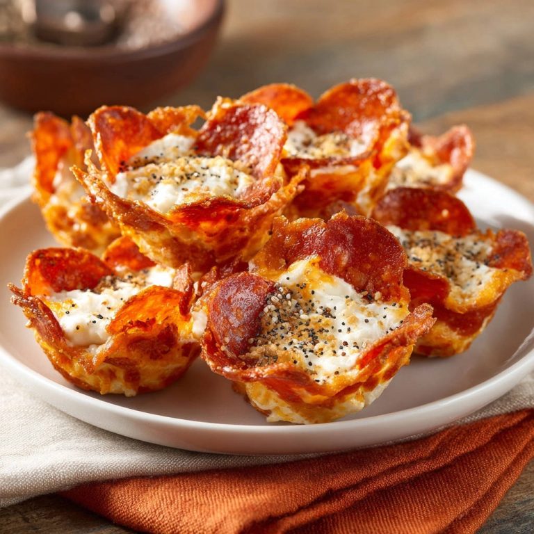 Crispy pepperoni & cheese bites are piled on a white plate with a close-up view of their layered texture.