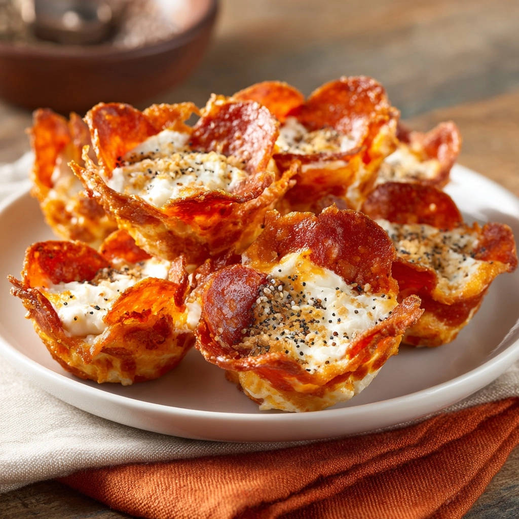 Crispy pepperoni & cheese bites are piled on a white plate with a close-up view of their layered texture.
