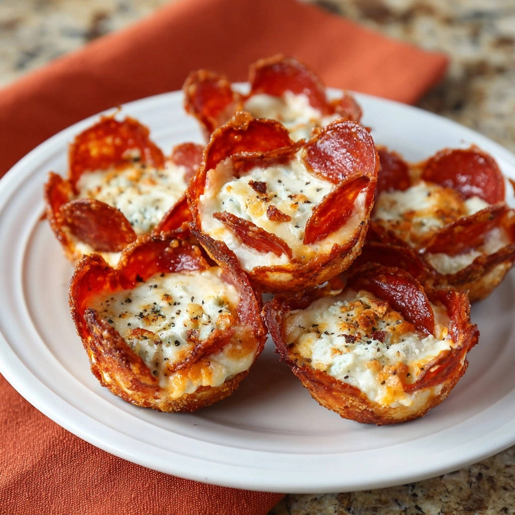 Crispy pepperoni & cheese bites shown in a close-up detail on a white plate with an orange napkin.