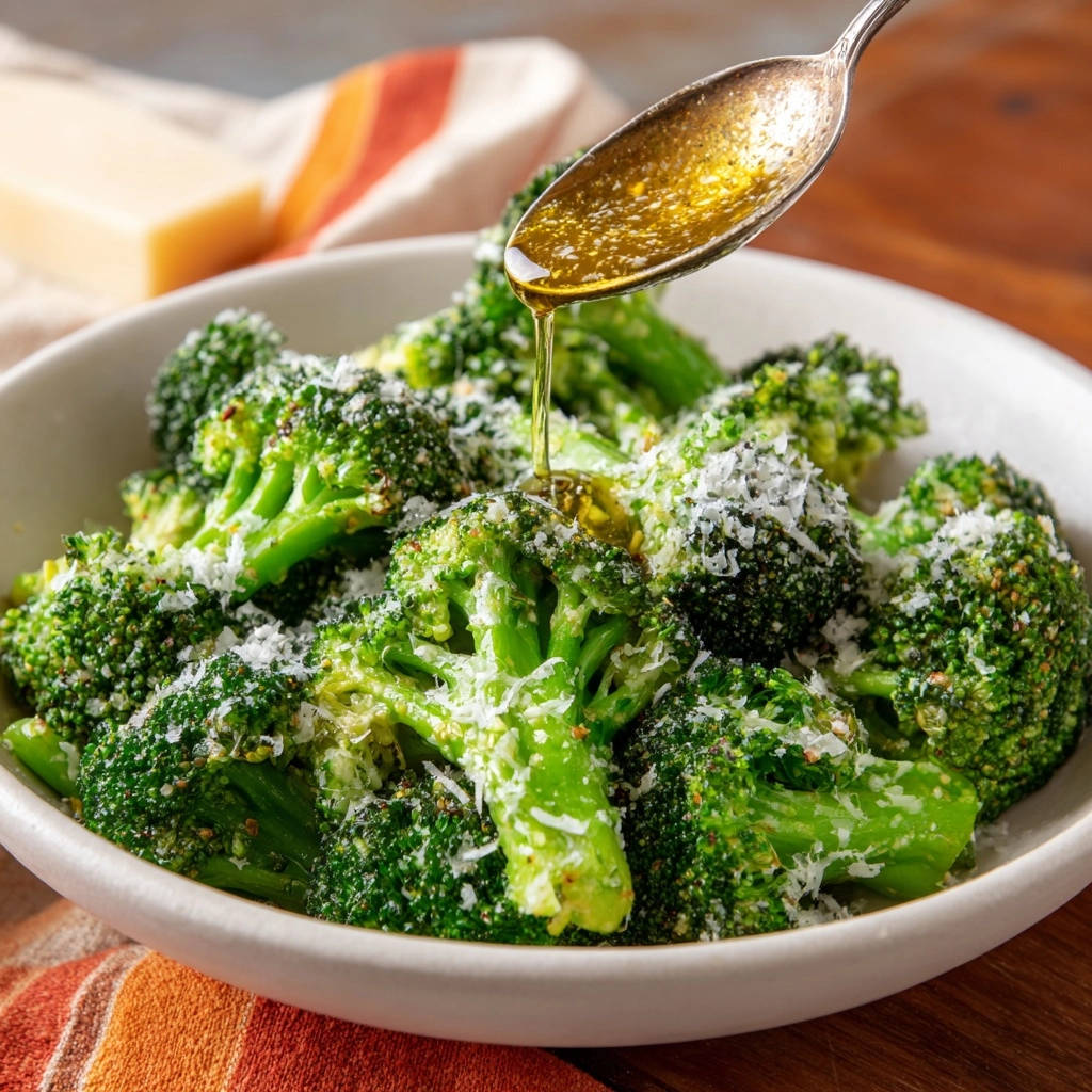 Perfect roasted broccoli being drizzled with olive oil and sprinkled with grated Parmesan cheese.