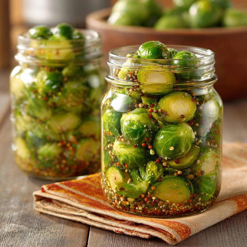 Tangy pickled Brussels sprouts in glass jars, showcasing whole and halved sprouts with visible spices.