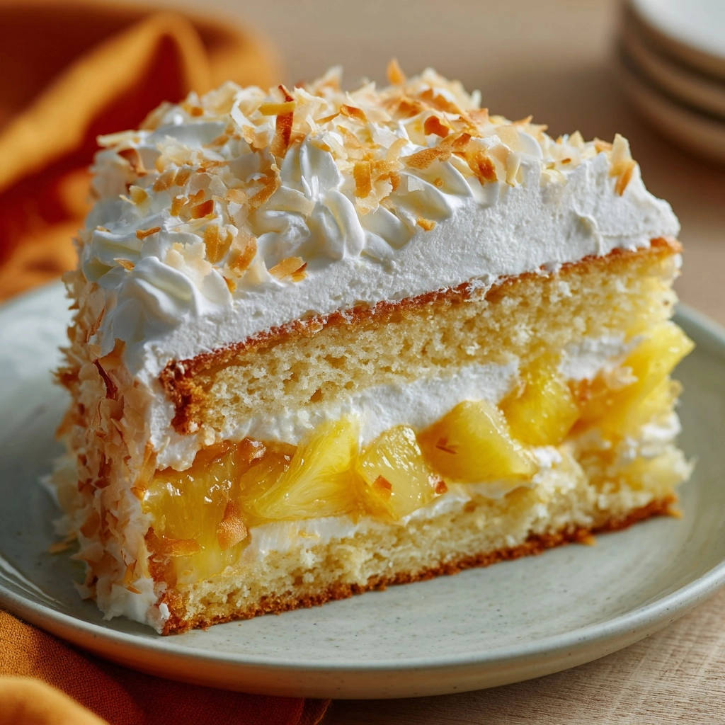 Pineapple coconut cream cake shown as a moist cross-section with layers of cake, cream, and pineapple chunks.