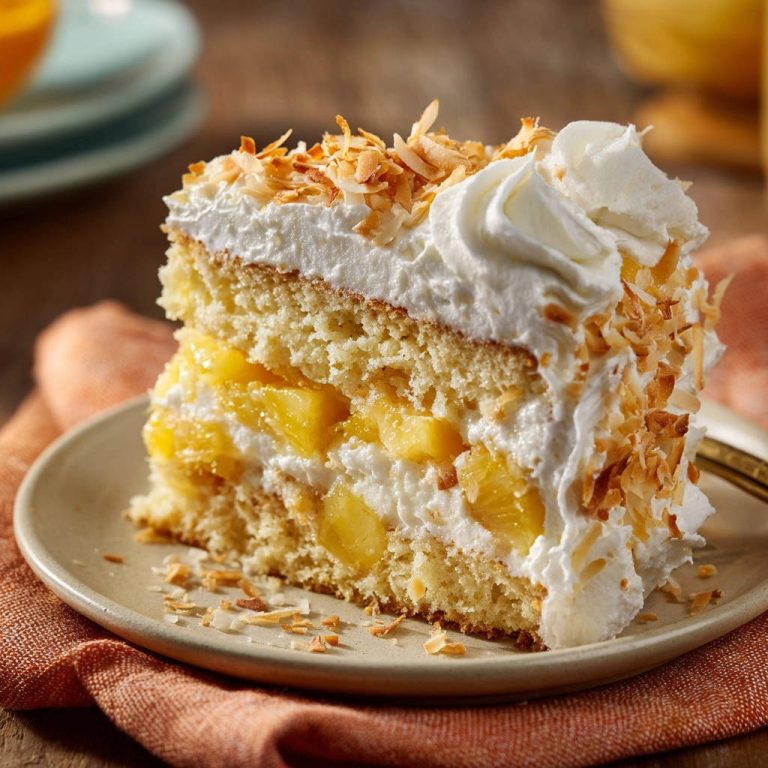 Pineapple coconut cream cake slice revealing layers of cake, cream, and pineapple chunks, topped with whipped cream and toasted coconut.