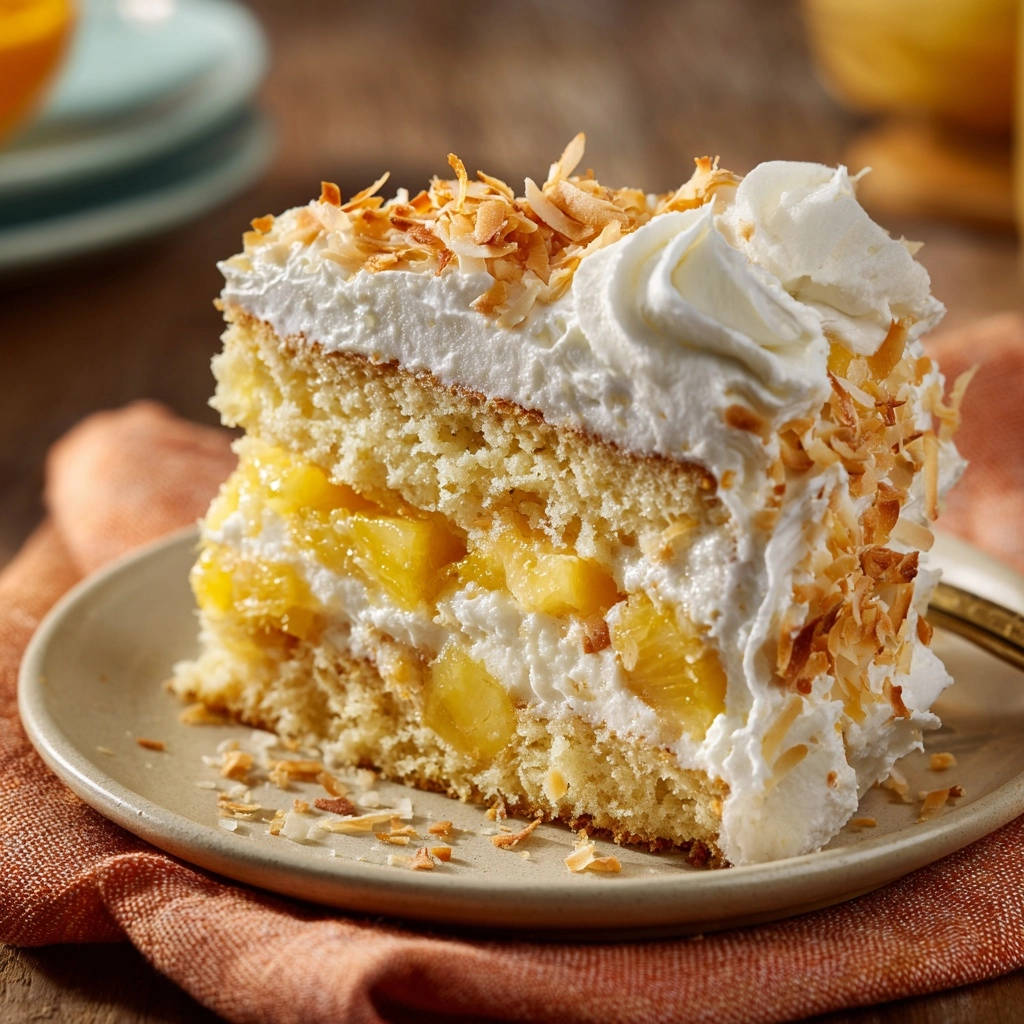 Pineapple coconut cream cake slice revealing layers of cake, cream, and pineapple chunks, topped with whipped cream and toasted coconut.