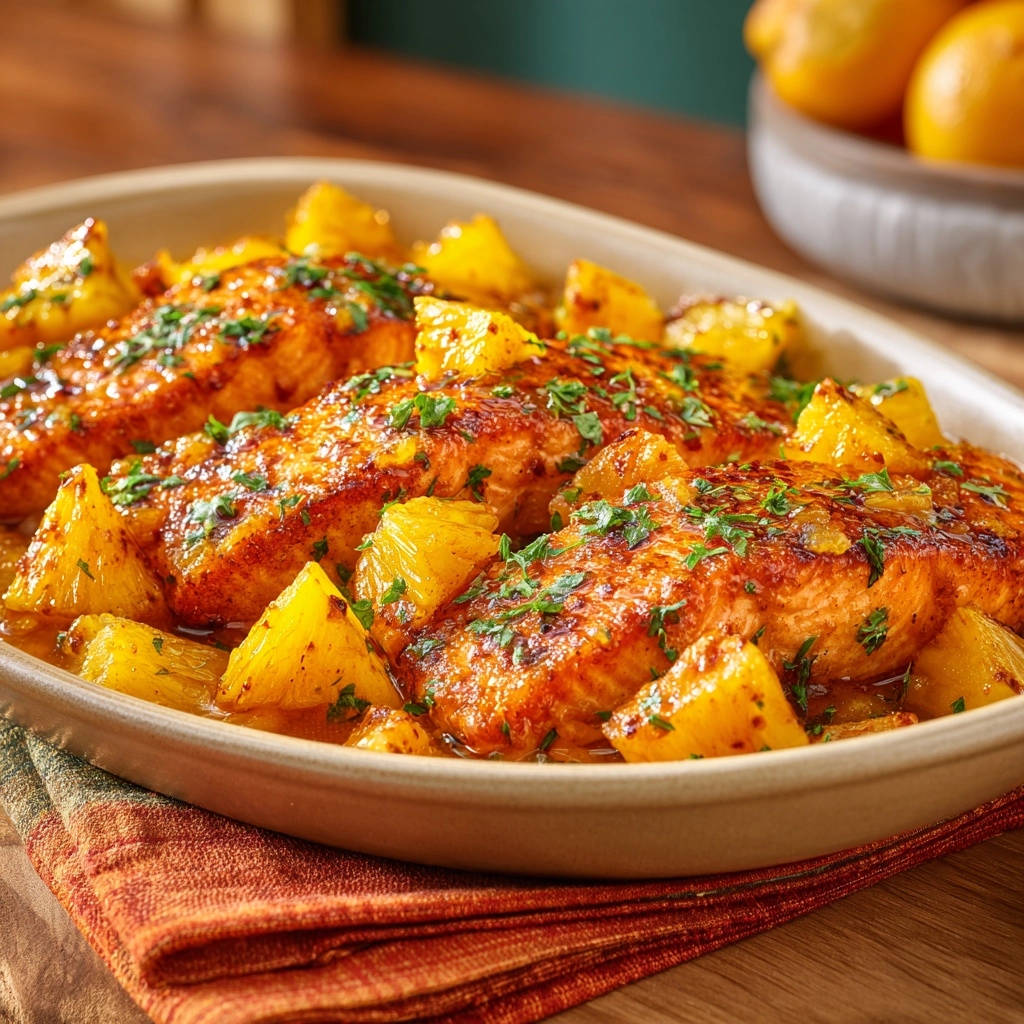 Pineapple glazed salmon, a close-up view of the finished dish in a serving platter with pineapple chunks.