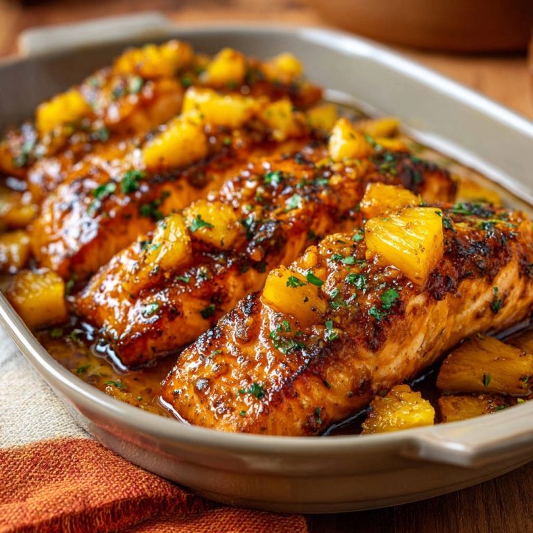Pineapple glazed salmon, a close-up view of the juicy fillets in a baking dish, topped with pineapple chunks and fresh parsley.