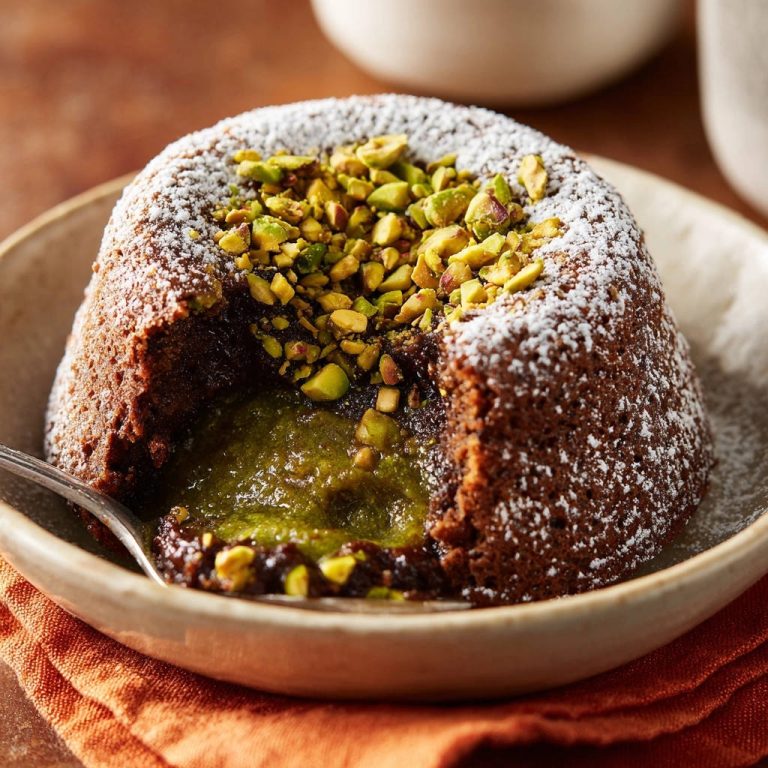 Pistachio lava cakes with a molten green center and chopped pistachio topping, shown in a close-up cross-section.