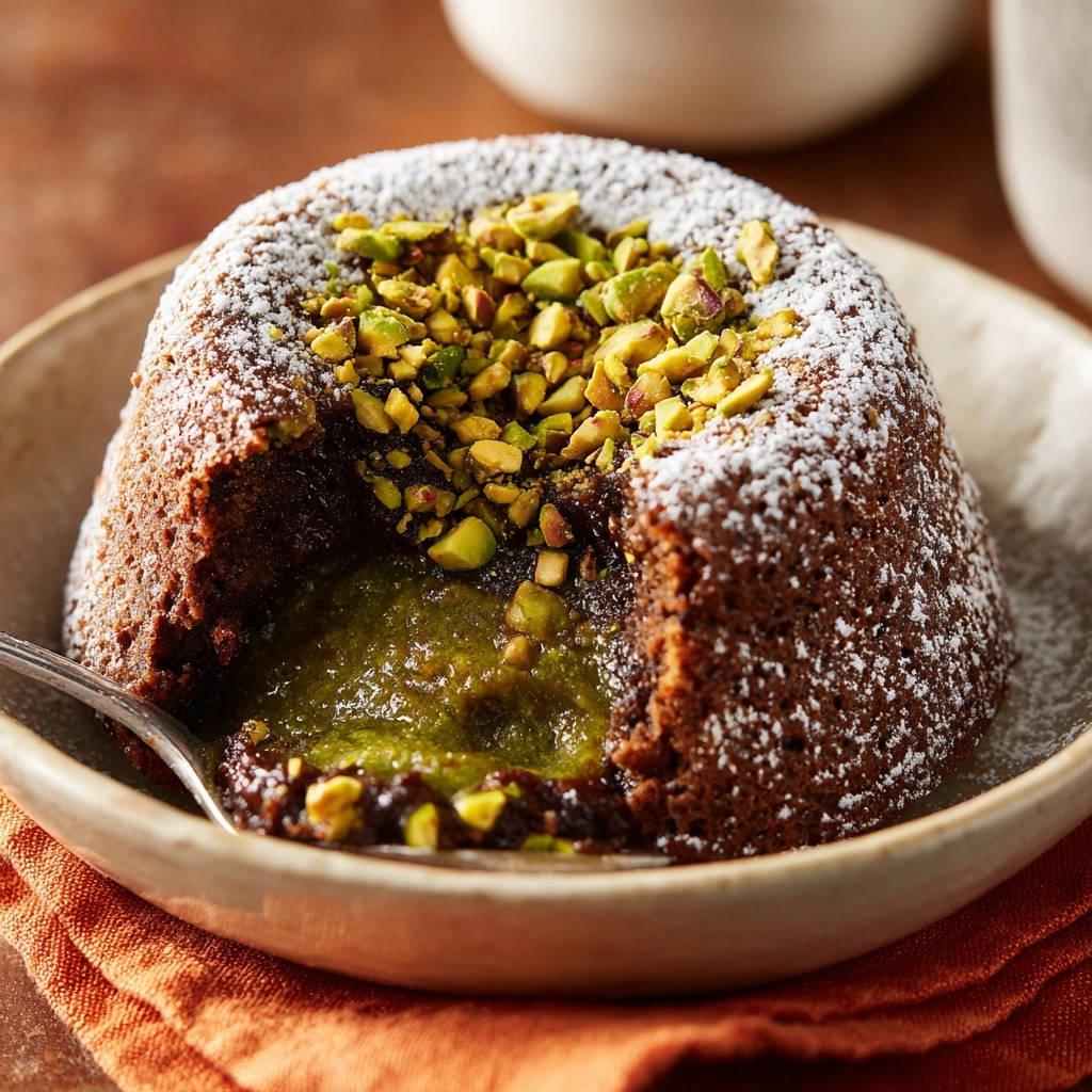 Pistachio lava cakes with a molten green center and chopped pistachio topping, shown in a close-up cross-section.