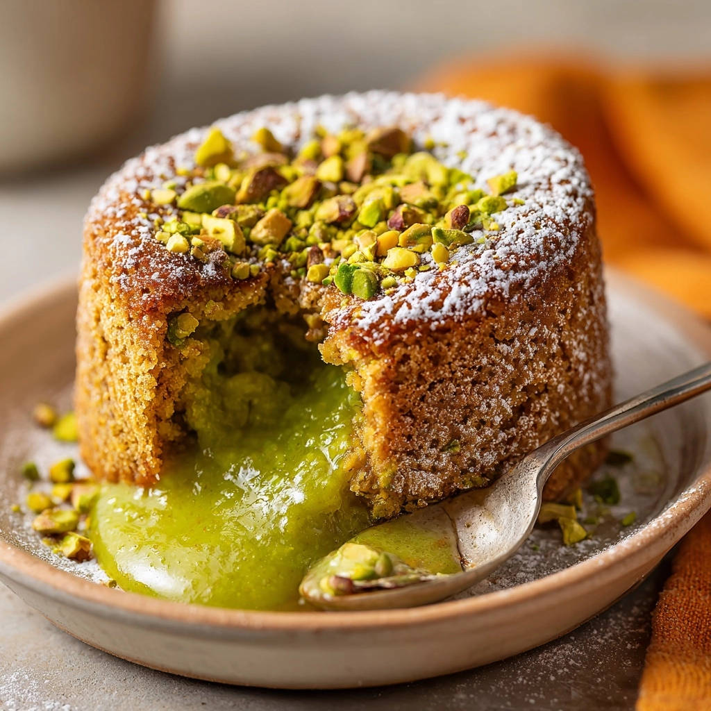 Pistachio lava cakes with a molten green center oozing onto a spoon, dusted with powdered sugar and pistachios.