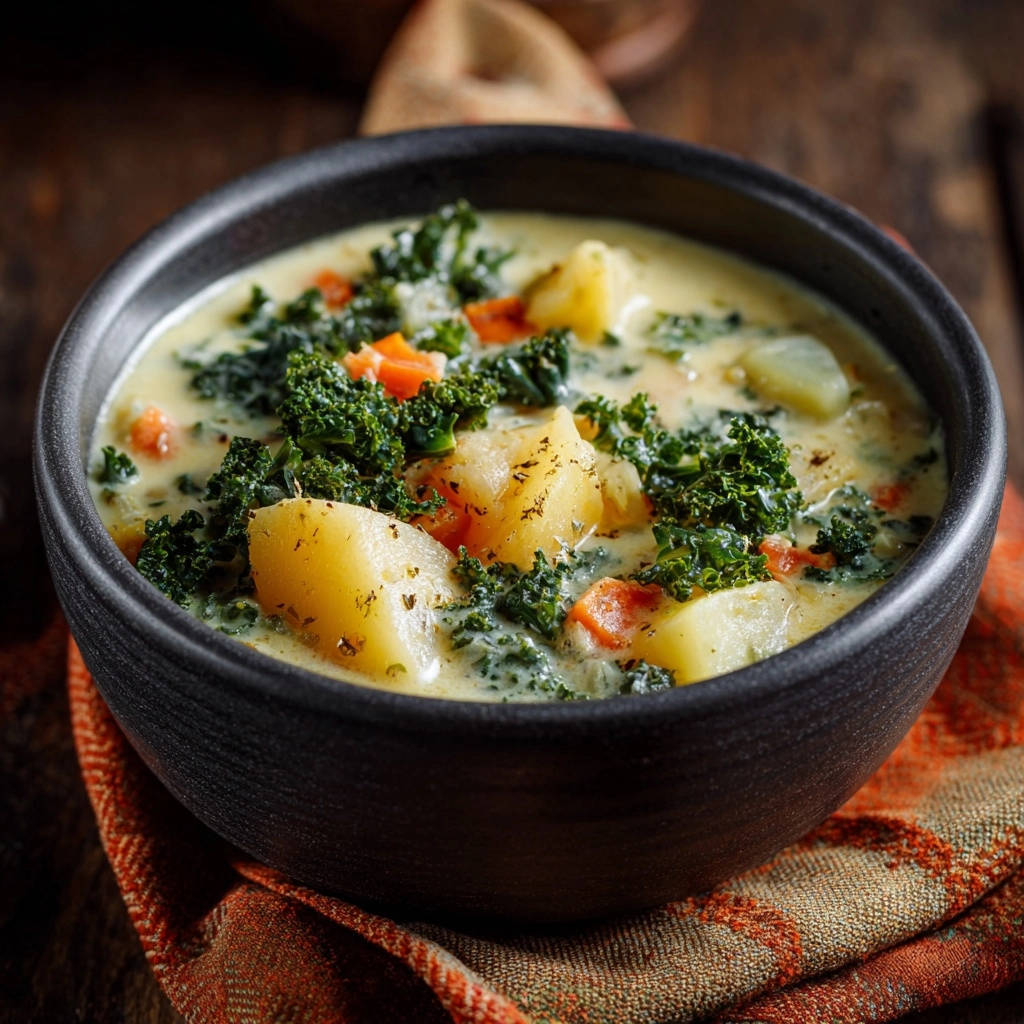 Hearty potato and kale soup shown in a close-up view of a rustic black bowl filled with creamy broth, tender potatoes, and vibrant kale.